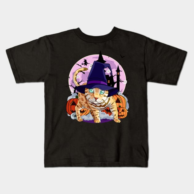 Bengal Cat Funny Halloween Witch Pumpkin Kids T-Shirt by Noseking